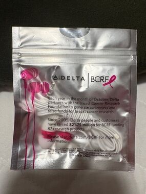 Delta Pink Ribbon Earbuds with White Cord